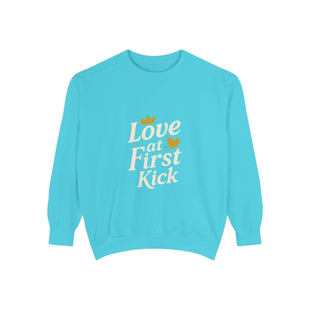 Love at First Kick Sweatshirt - Cozy Unisex Garment-Dyed Top for Expecting Moms, Baby Showers, Maternity Gifts, Casual Wear, Unique [...]