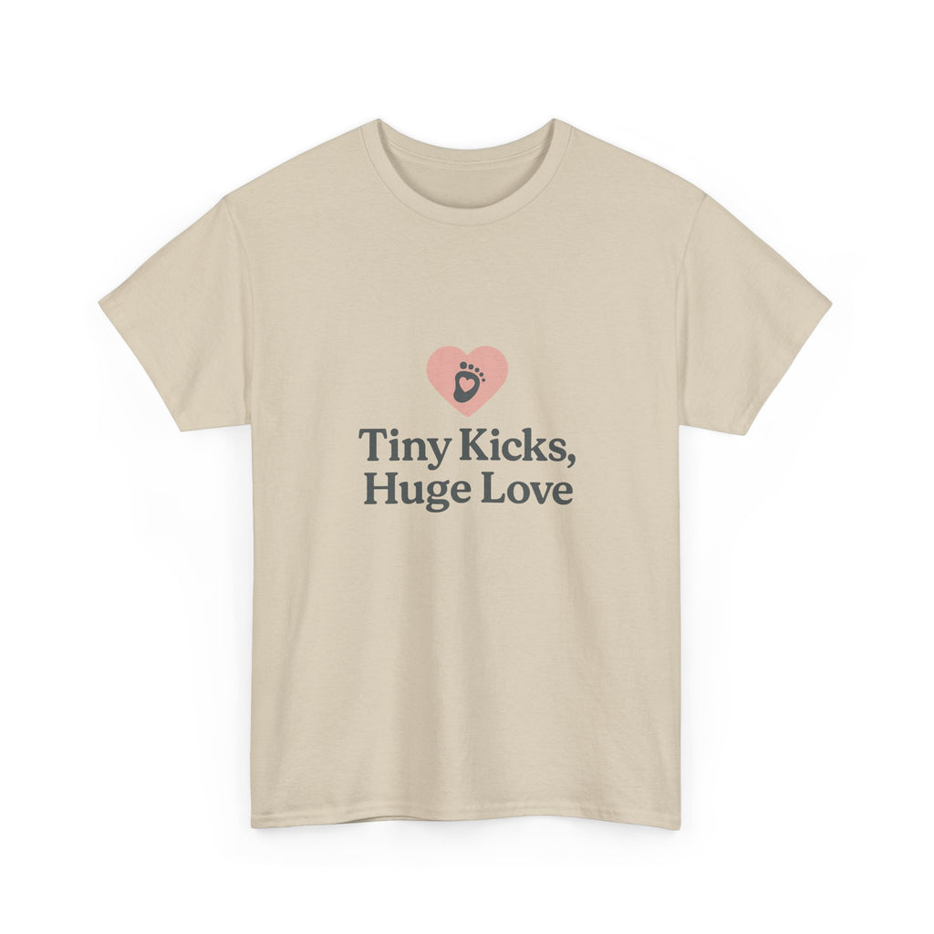 Unisex Heavy Cotton Tee - Tiny Kicks, Huge Love, Baby Shower Gift, Parenting Shirt, Cute Maternity Wear, New Mom Gift, Casual Everyday Tee