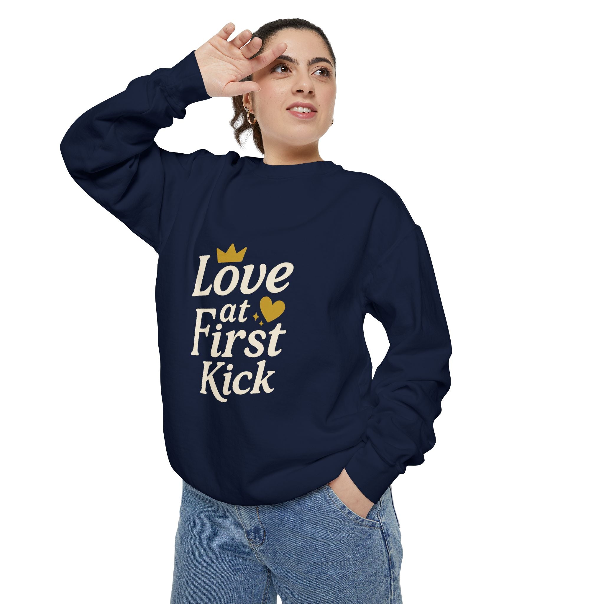 Love at First Kick Sweatshirt - Cozy Unisex Garment-Dyed Top for Expecting Moms, Baby Showers, Maternity Gifts, Casual Wear, Unique [...]