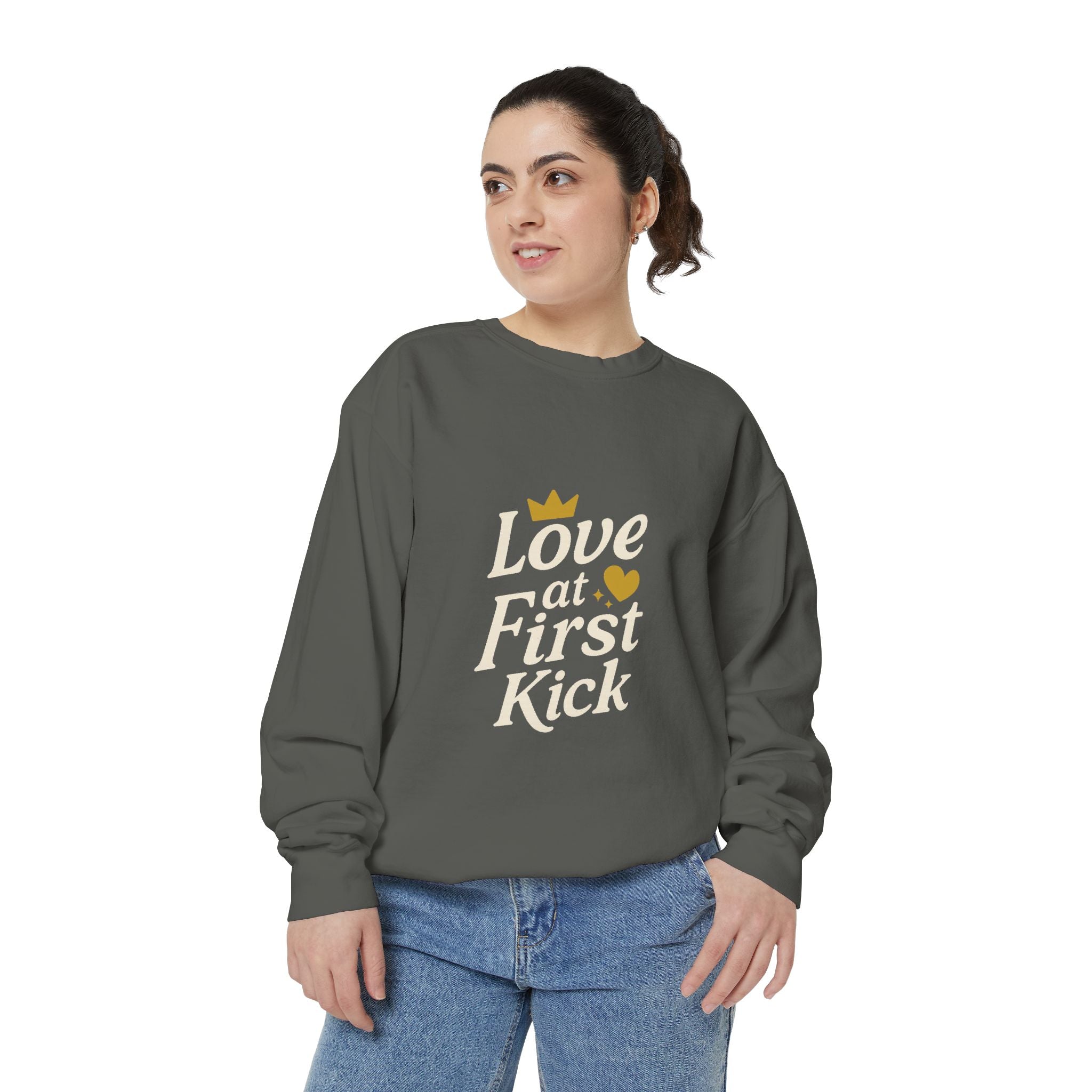 Love at First Kick Sweatshirt - Cozy Unisex Garment-Dyed Top for Expecting Moms, Baby Showers, Maternity Gifts, Casual Wear, Unique [...]