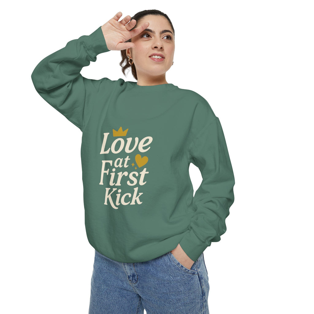 Love at First Kick Sweatshirt - Cozy Unisex Garment-Dyed Top for Expecting Moms, Baby Showers, Maternity Gifts, Casual Wear, Unique [...]