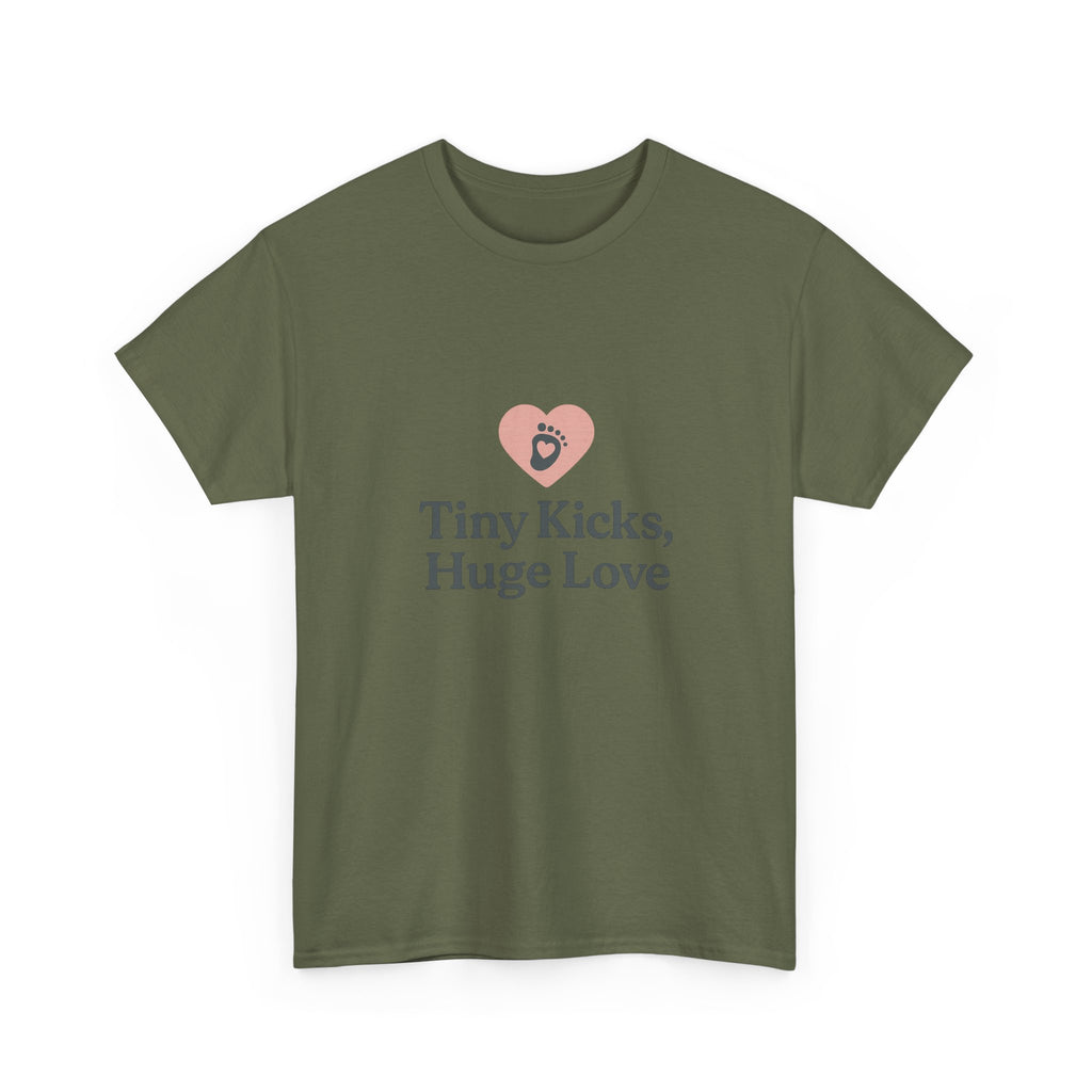 Unisex Heavy Cotton Tee - Tiny Kicks, Huge Love, Baby Shower Gift, Parenting Shirt, Cute Maternity Wear, New Mom Gift, Casual Everyday Tee
