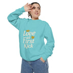 Love at First Kick Sweatshirt - Cozy Unisex Garment-Dyed Top for Expecting Moms, Baby Showers, Maternity Gifts, Casual Wear, Unique [...]