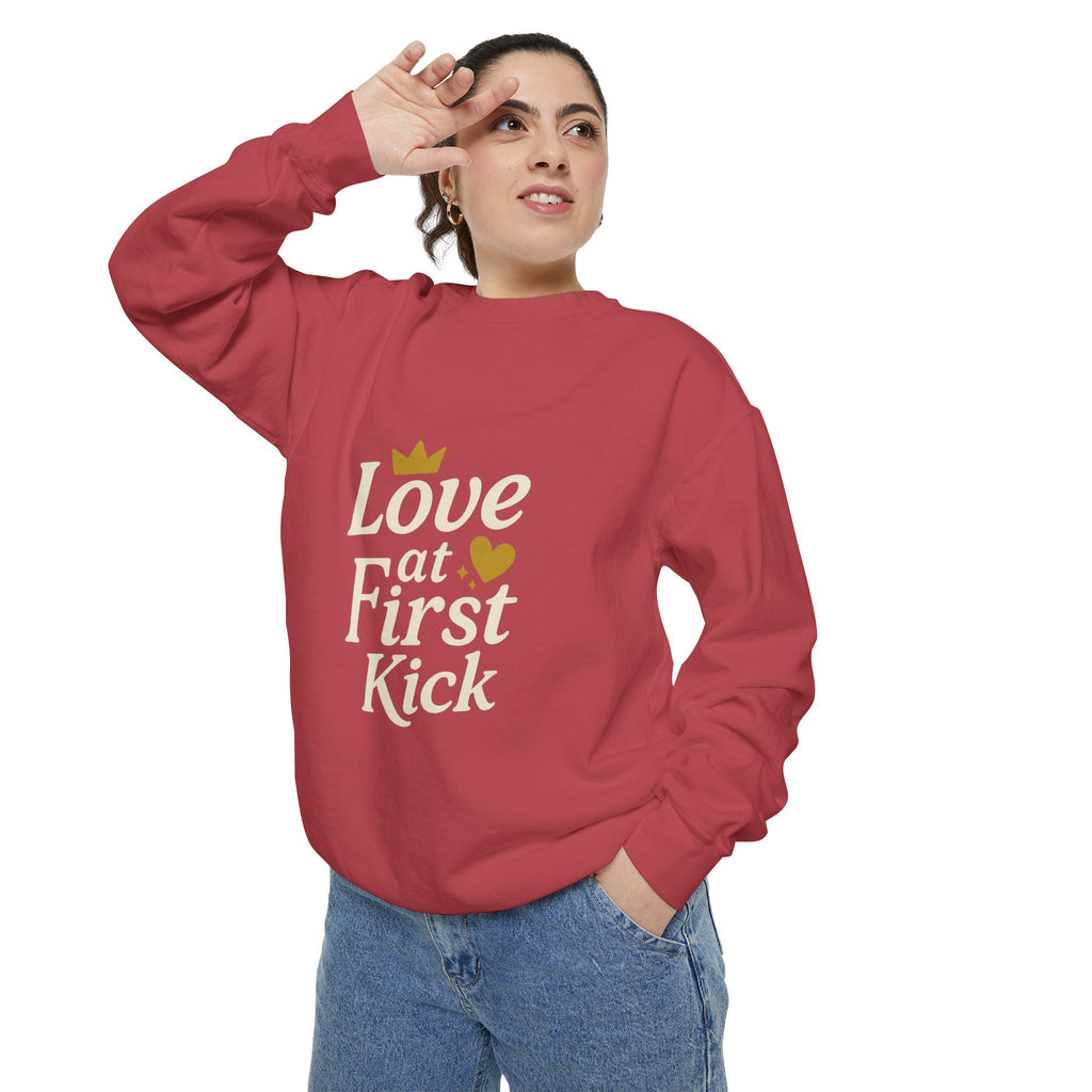 Love at First Kick Sweatshirt - Cozy Unisex Garment-Dyed Top for Expecting Moms, Baby Showers, Maternity Gifts, Casual Wear, Unique [...]