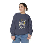 Love at First Kick Sweatshirt - Cozy Unisex Garment-Dyed Top for Expecting Moms, Baby Showers, Maternity Gifts, Casual Wear, Unique [...]