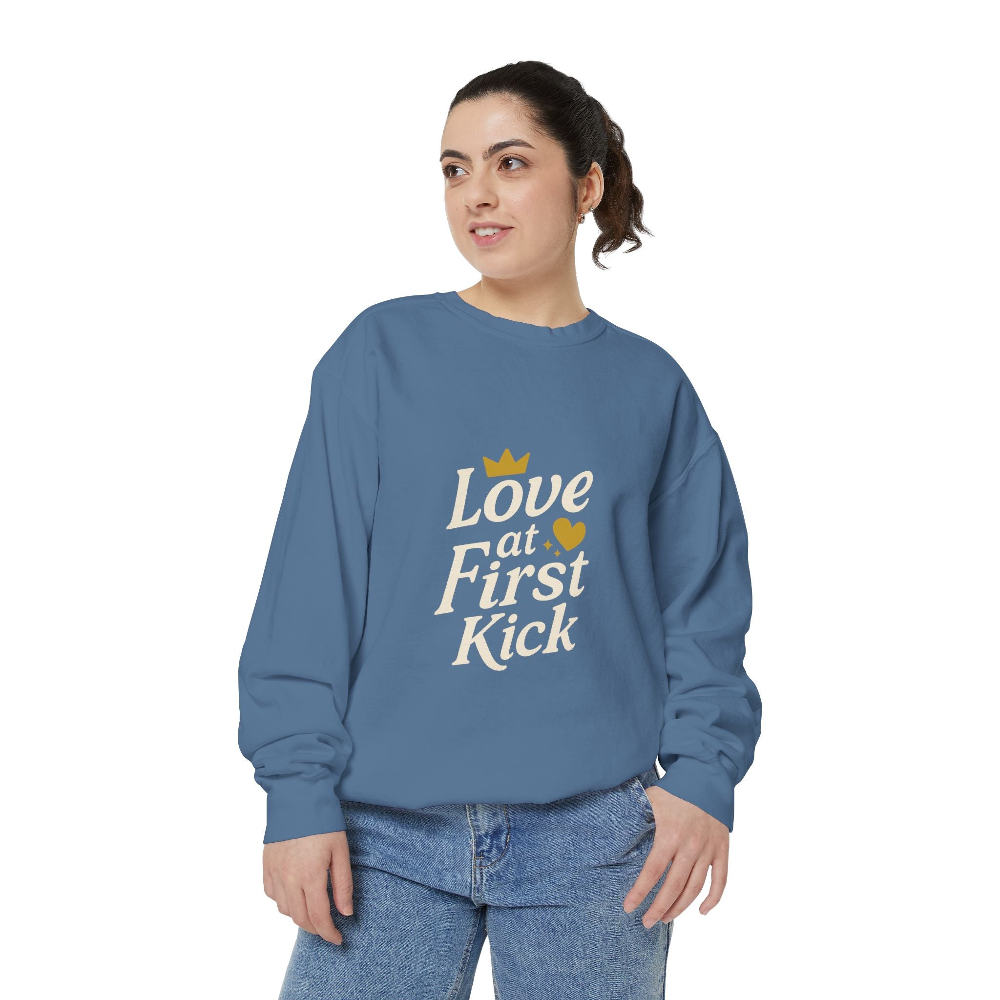 Love at First Kick Sweatshirt - Cozy Unisex Garment-Dyed Top for Expecting Moms, Baby Showers, Maternity Gifts, Casual Wear, Unique [...]