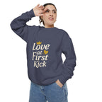 Love at First Kick Sweatshirt - Cozy Unisex Garment-Dyed Top for Expecting Moms, Baby Showers, Maternity Gifts, Casual Wear, Unique [...]