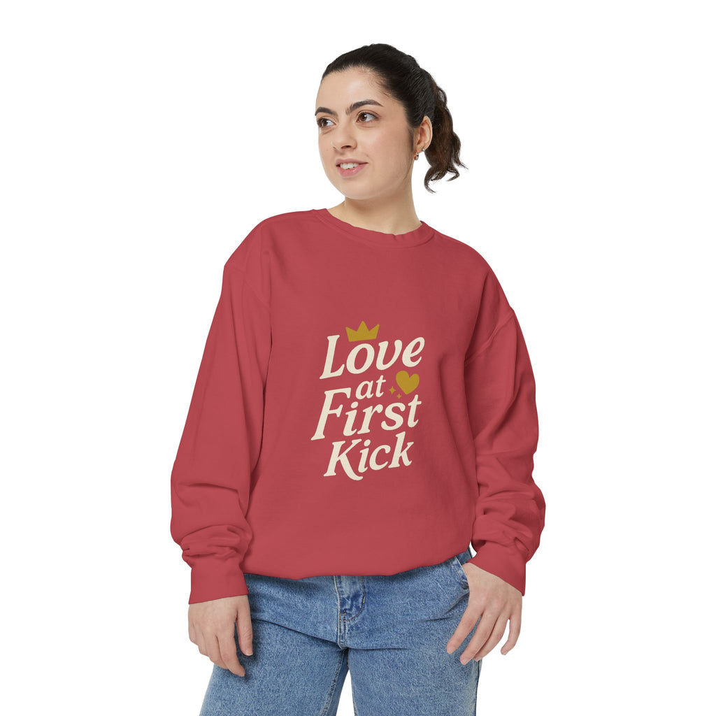 Love at First Kick Sweatshirt - Cozy Unisex Garment-Dyed Top for Expecting Moms, Baby Showers, Maternity Gifts, Casual Wear, Unique [...]