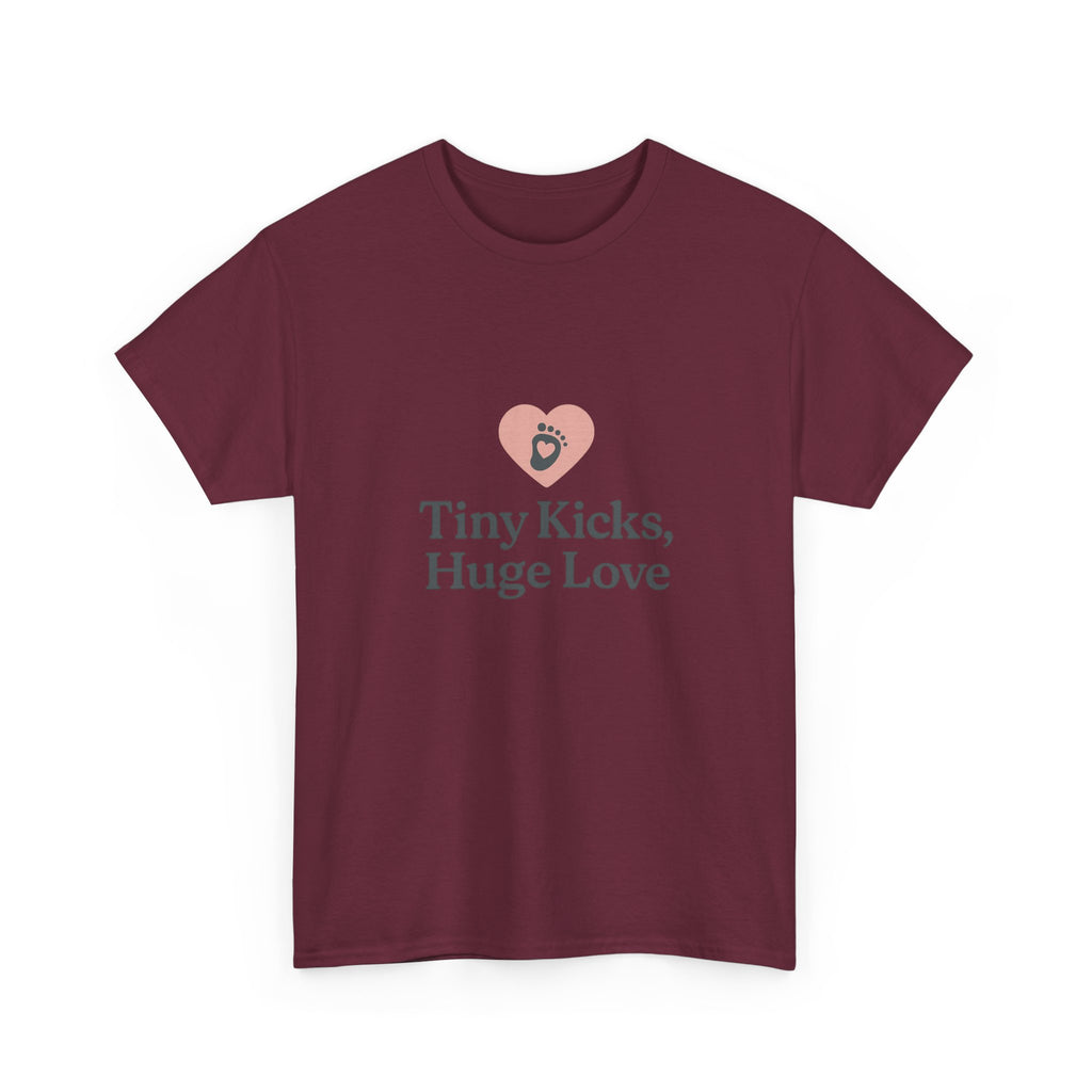 Unisex Heavy Cotton Tee - Tiny Kicks, Huge Love, Baby Shower Gift, Parenting Shirt, Cute Maternity Wear, New Mom Gift, Casual Everyday Tee