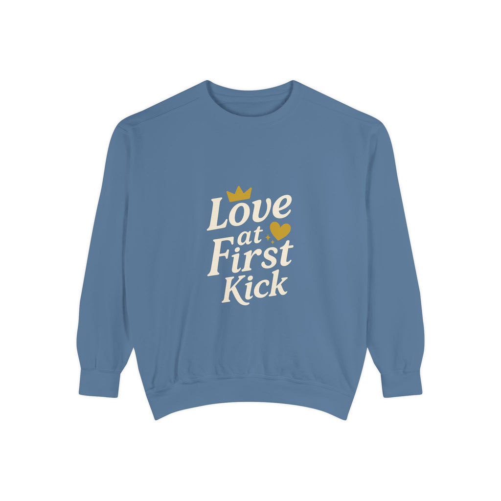 Love at First Kick Sweatshirt - Cozy Unisex Garment-Dyed Top for Expecting Moms, Baby Showers, Maternity Gifts, Casual Wear, Unique [...]