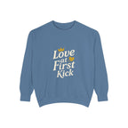 Love at First Kick Sweatshirt - Cozy Unisex Garment-Dyed Top for Expecting Moms, Baby Showers, Maternity Gifts, Casual Wear, Unique [...]