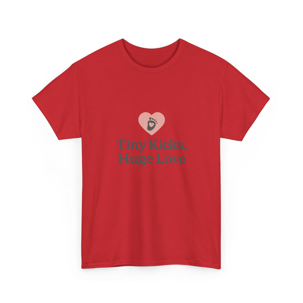 Unisex Heavy Cotton Tee - Tiny Kicks, Huge Love, Baby Shower Gift, Parenting Shirt, Cute Maternity Wear, New Mom Gift, Casual Everyday Tee