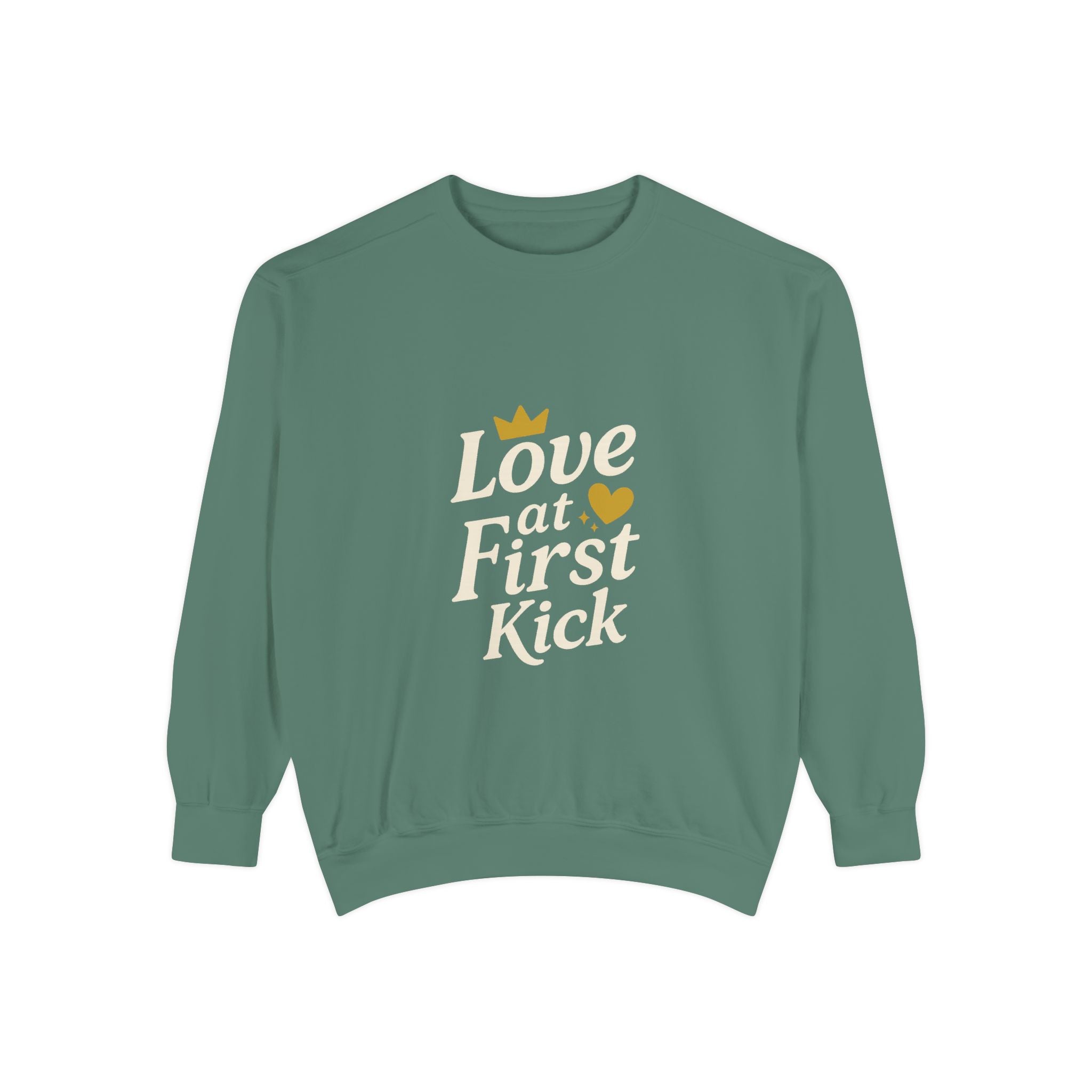 Love at First Kick Sweatshirt - Cozy Unisex Garment-Dyed Top for Expecting Moms, Baby Showers, Maternity Gifts, Casual Wear, Unique [...]
