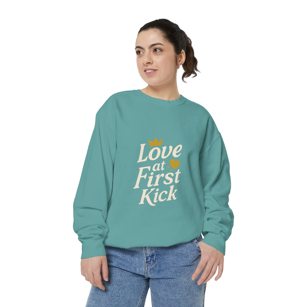 Love at First Kick Sweatshirt - Cozy Unisex Garment-Dyed Top for Expecting Moms, Baby Showers, Maternity Gifts, Casual Wear, Unique [...]